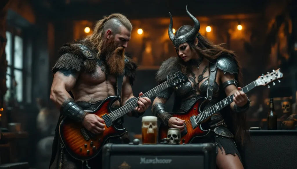Viking tocando guitarra e uma caixa de som com uma garrafa de hidromel por cima
