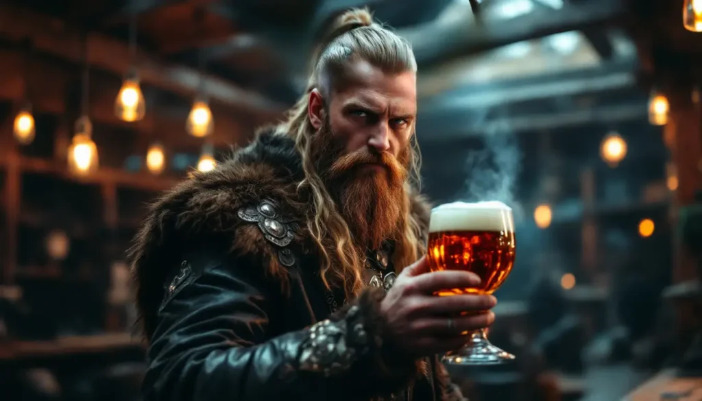 um viking moderno segurando uma taça de hidromel, mesclando elementos tradicionais nórdicos com estética contemporânea