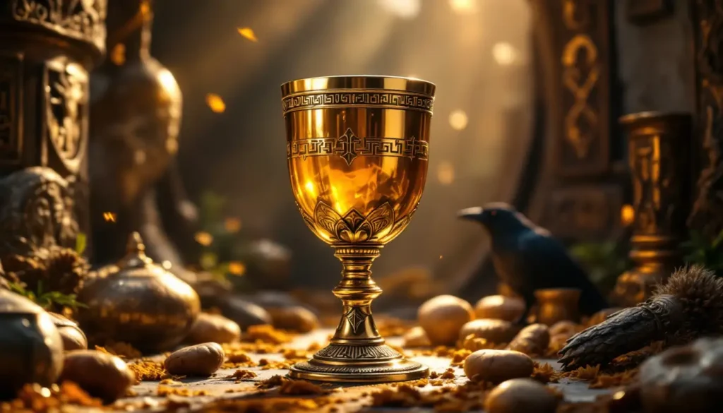 Taça de hidromel dourado brilhante em um cenário viking estilizado, com elementos de mitologia nórdica ao fundo