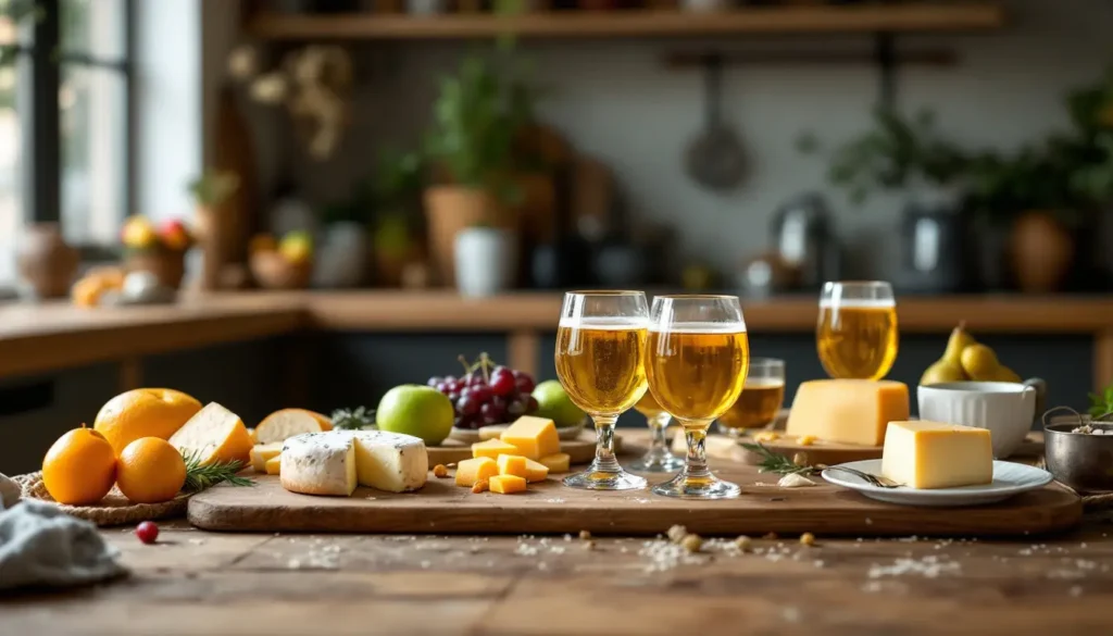 Cena de degustação de hidromel moderna em uma cozinha caseira, com várias taças de hidromel em uma mesa rústica, acompanhadas por queijos e frutas