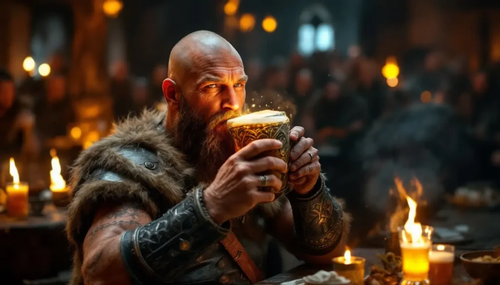 Um guerreiro viking bebendo hidromel dourado de um chifre ornamentado em um salão de festas medieval. O guerreiro está cercado por outros vikings celebrando, com mesas de madeira e tochas acesas ao fundo