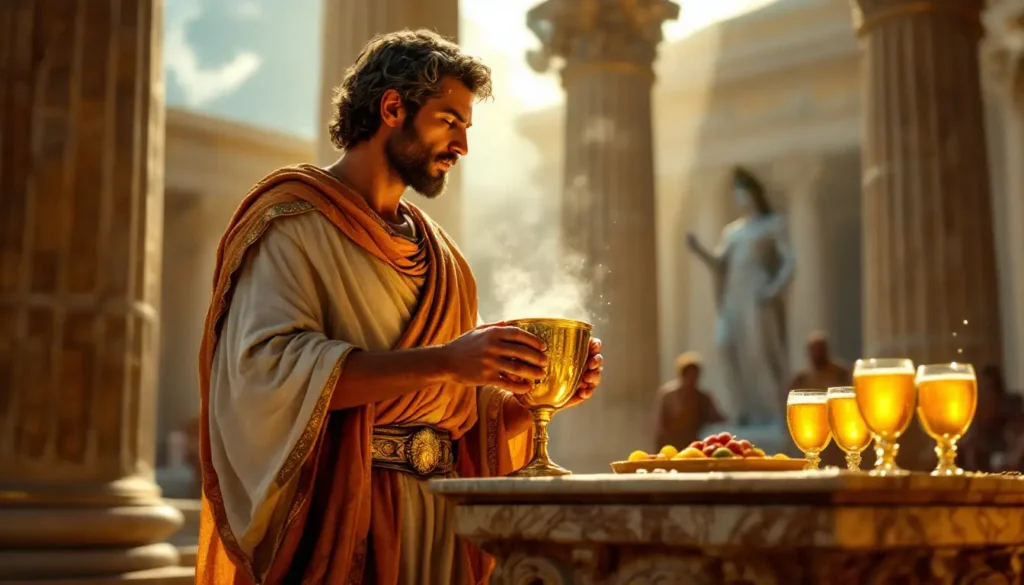 Uma cena de um antigo ritual grego, onde um sacerdote oferece hidromel aos deuses. O sacerdote está em pé diante de um altar de mármore, segurando uma taça de ouro cheia de hidromel brilhante. Ao fundo, veem-se colunas gregas e uma estátua de uma divindade
