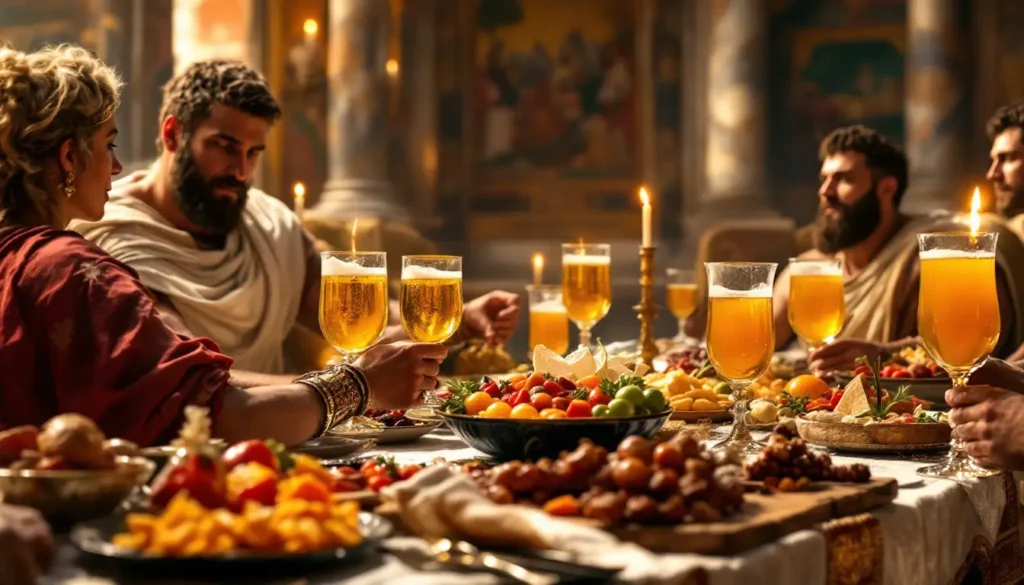 Uma cena de banquete romano luxuoso, focando em uma mesa repleta de iguarias e taças de cristal cheias de hidromel dourado. Patrícios romanos em togas estão reclinados em divãs, segurando taças ornamentadas