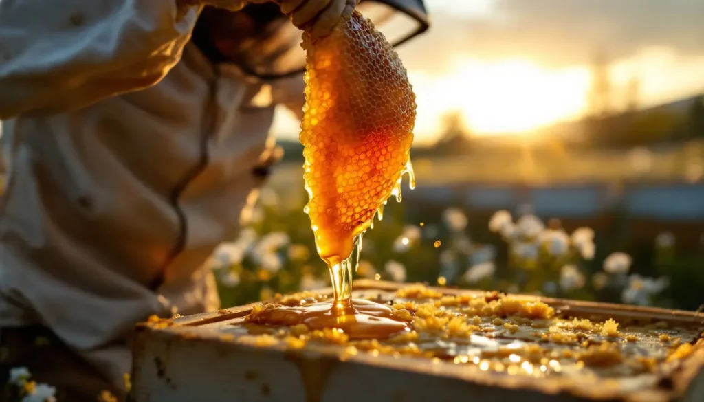 Um close-up de um apicultor moderno em um campo florido, inspecionando uma colmeia. Em primeiro plano, vê-se um favo de mel gotejando com mel dourado. Ao fundo, fileiras de colmeias se estendem até o horizonte. O sol poente banha a cena com uma luz dourada, simbolizando a conexão entre a apicultura e a produção de hidromel