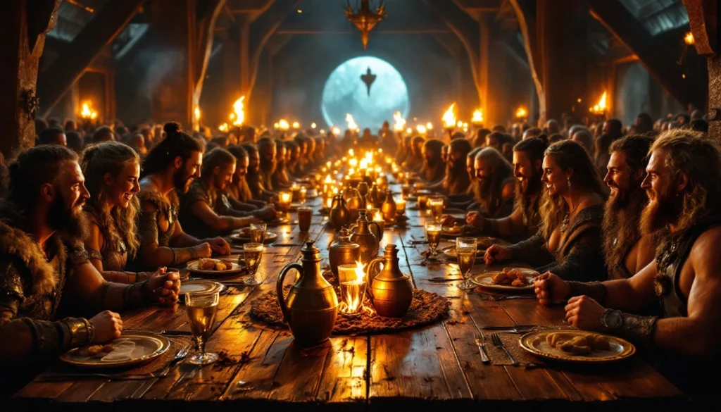 Um salão viking iluminado por tochas, com guerreiros celebrando ao redor de uma longa mesa de madeira. No centro, jarros dourados de hidromel brilham à luz do fogo