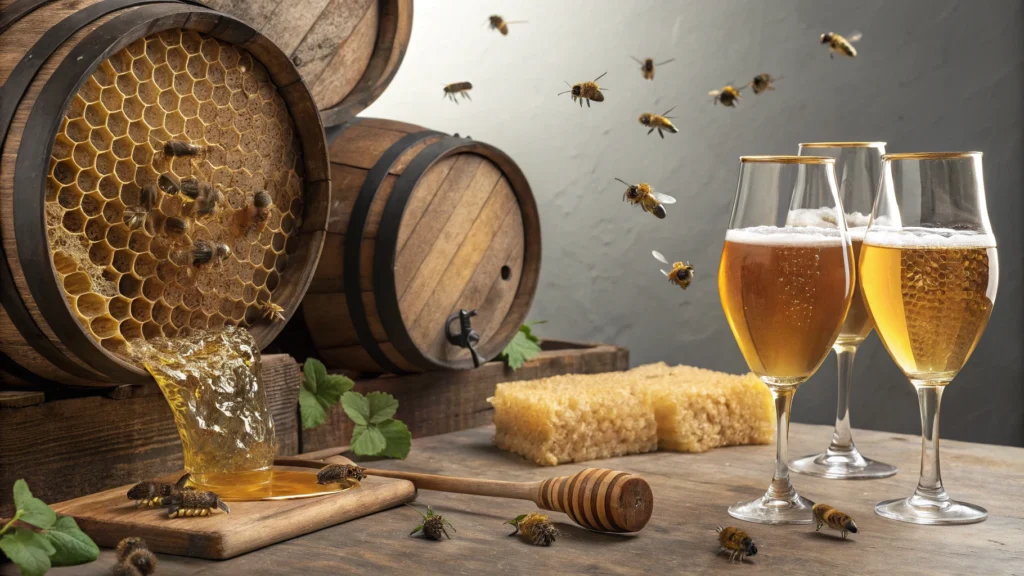 produção do hidromel: da colmeia ao copo. Inclui abelhas, favos de mel, barris de carvalho e taças elegantes cheias de hidromel