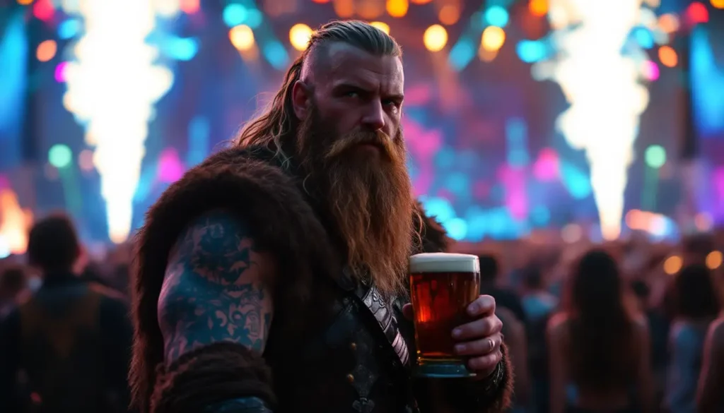 Um viking moderno segurando uma taça de hidromel em um festival de rock, luzes de palco ao fundo